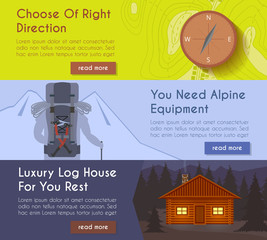 Hiking banner, compass, tourist map, hiking equipment, log house