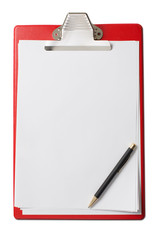 clipboard with blank paper sheets and pen isolated 