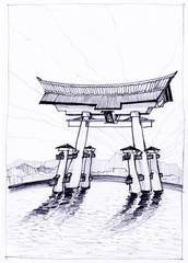 Itsukushima shrine pencil sketch