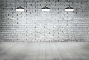 Wall brick and wooden floor with ceiling lamp