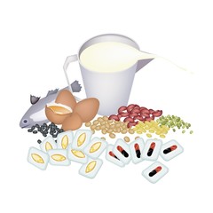 Food with Cod Liver Oil Capsules and Vitamine Capsules