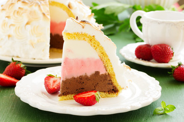 Sponge cake Alaska ice cream and meringues.