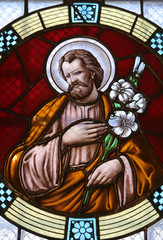 Saint Joseph, stained glass window in Basilica Assumption of the Virgin Mary in Marija Bistrica,...