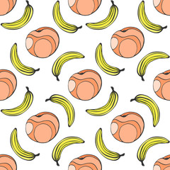 Doodle seamless pattern with fruits. Banana and pear vector background.