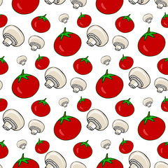 Hand drawn seamless pattern with tomatoes and mushrooms. Vector healthy vegetables. Illustration for menu