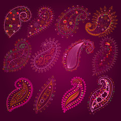 Set elements paisley indian national ornament. Multicolored flor