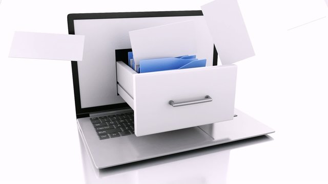 Data storage. Laptop and files. 3d animation