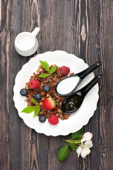 Chocolate granola, berries  and milk. top view