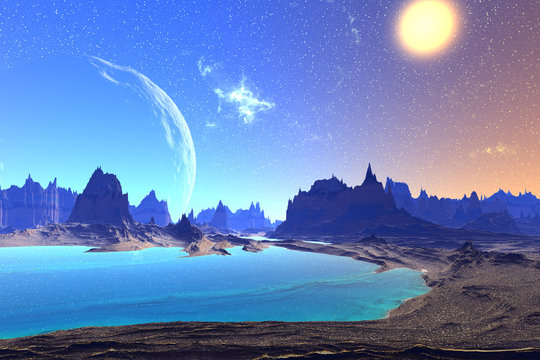 Fantasy alien planet. Rocks and  moon