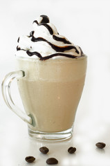 Iced coffee with foam and chocolate topping