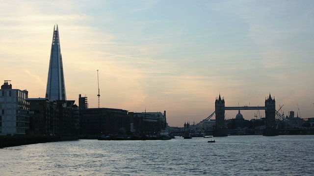 Tower Bridge and London cityscape at sunset
