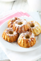 Bundt cakes on plate on white wooden background