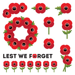 isolated elements red poppies anzac day remembrance day - obrazy, fototapety, plakaty