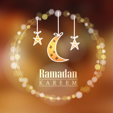 Moon, stars, bokeh lights, Ramadan vector background