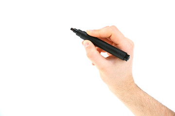 Male hand with black marker isolated on white