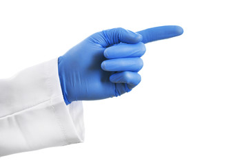 Doctor hand in gloves pointing by finger isolated on white