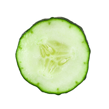 Fresh slice cucumber on white background. Macro. Selective focus.
