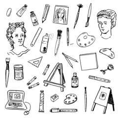 Obraz premium Hand drawn doodle artist tools set