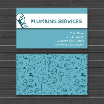 Hand drawn watercolor buisness card mock up with plumbing doodle icons