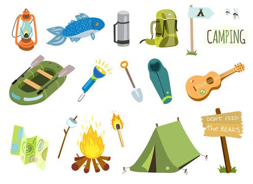 Camping vector set with bonfire, tourist tent, fishing boat, guitar etc.
