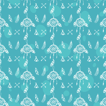 Hand drawn seamless pattern with native american dreamcatcher.