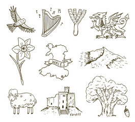Hand drawn Wales symbols sketch set.
