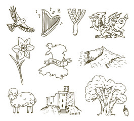 Hand drawn Wales symbols sketch set.