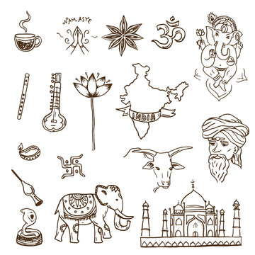 Hand drawn Indian symbols and landmarks doodle set