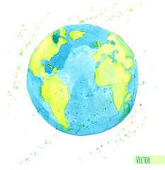 Hand drawn watercolor Earth, isolated vector illustration.
