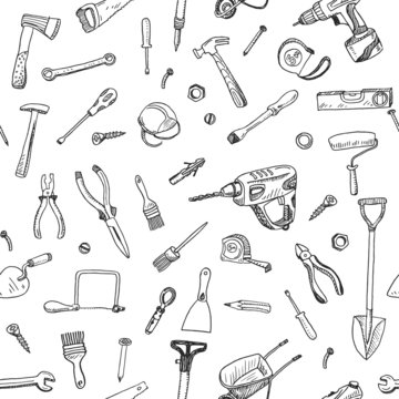 Hand drawn seamless pattern of tools sign and symbol doodles elements.
