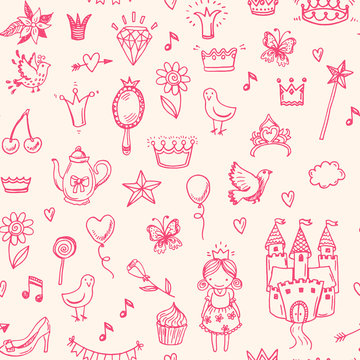 Hand drawn vector seamless princess pattern.