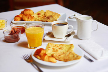 Delicious breakfast with pancakes