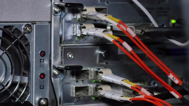 Fiber channel wires connected to hard drives, 4K