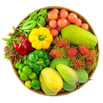 Colorful Asian Fruit and Vegetable Isolated on White Background.