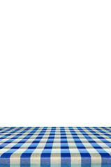 Picnic table with tablecloth isolated on white background.