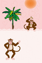 猿とバナナの木の可愛いピンクのグリーティングカード