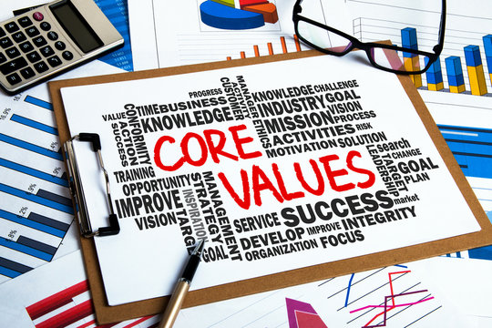 core values with business word cloud handwritten on clipboard