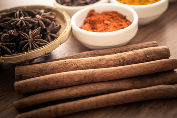 Wooden table of colorful spices