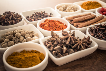 Wooden table of colorful spices