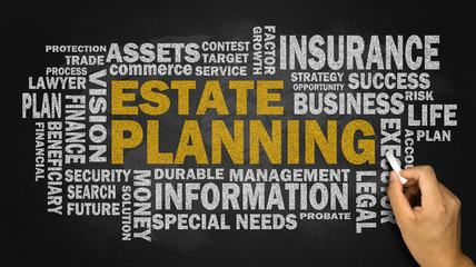 estate planning with related word cloud on blackboard - obrazy, fototapety, plakaty