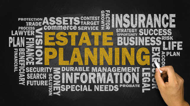 estate planning with related word cloud on blackboard