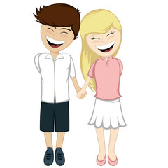 Obraz premium A brown boy and a blonde girl holding hands