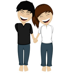 A black haired boy and a brunette girl holding hands