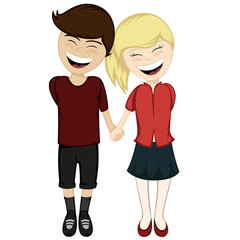 A brown haired boy and a blonde girl holding hands