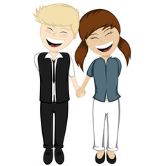 A blonde boy and a brunette girl holding hands