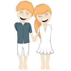 A ginger boy and girl holding hands and smiling together