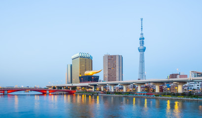 Fototapeta premium View of Tokyo Skytree landmark and Sumida river at night.