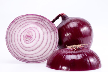 the cut red onion isolated on white background