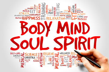 Body Mind Soul Spirit word cloud, health concept