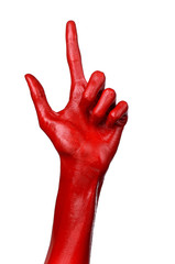 Red hand on white background, isolated, paint